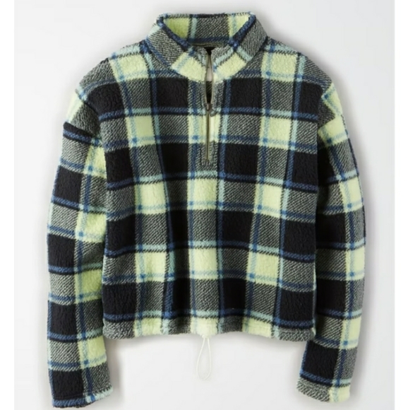 American Eagle Outfitters Jackets & Blazers - American Eagle Blue/Green Plaid Sherpa Quarter Zip SZ XS